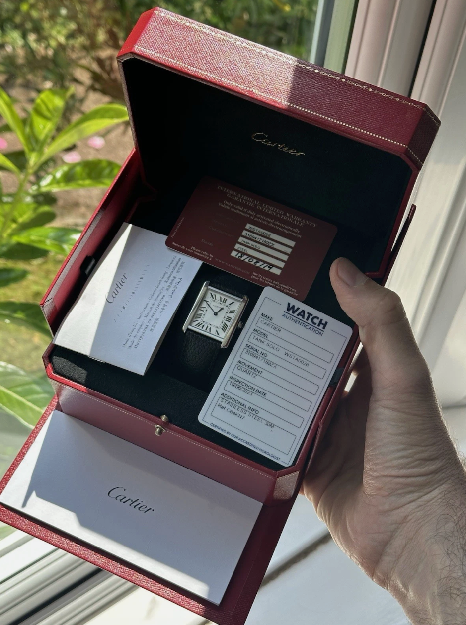 Cartier Tank Solo Ref 3169 Large | 2019 Full Set with Box and Papers | Quartz Watch | Mint Condition with Original Black Strap
