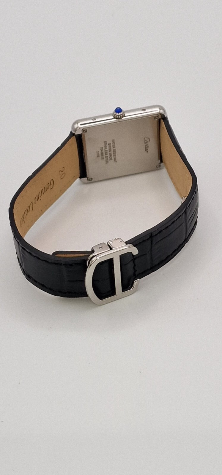 Cartier Tank Solo Gents Watch | Stainless Steel | Blue Cabochon Crown | Leather Strap | Luxury Timepiece