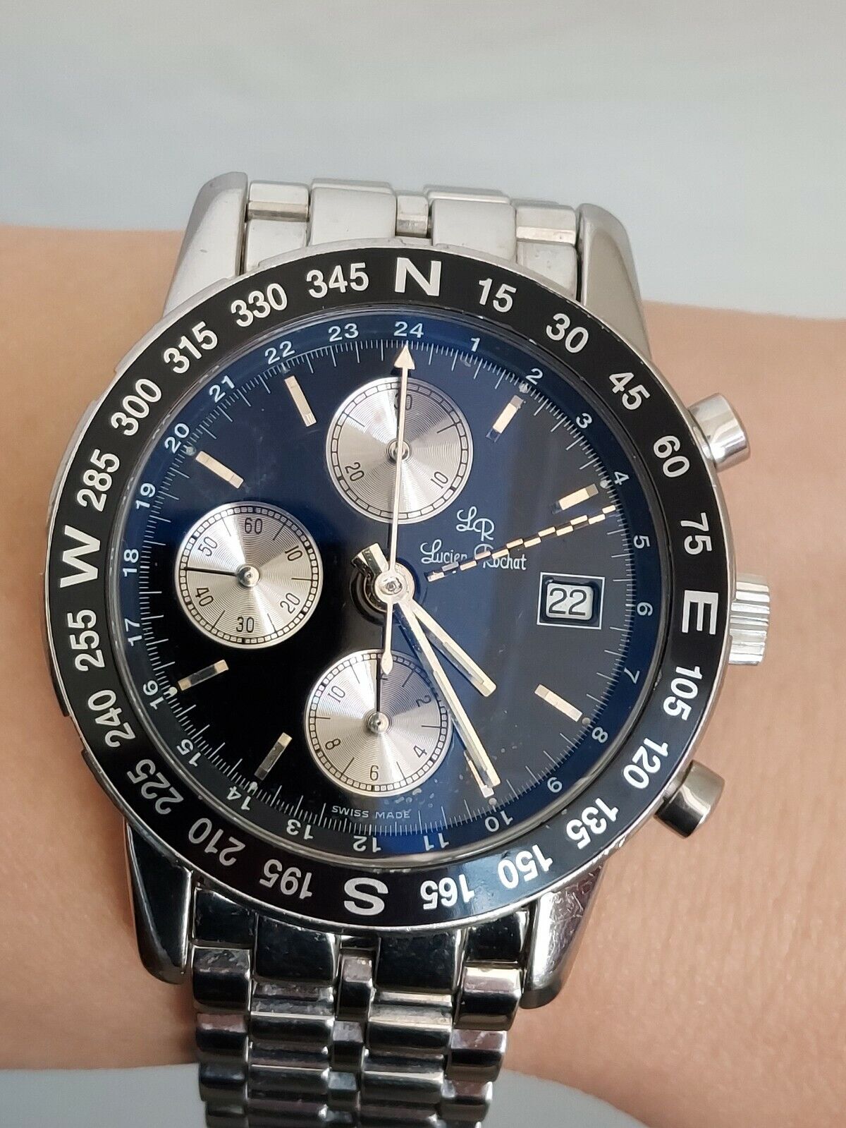 LUCIEN ROCHAT WATCH CHRONOGRAPH GMT AUTOMATIC 7750 MILITARY MENS 40.5mm SWISS
