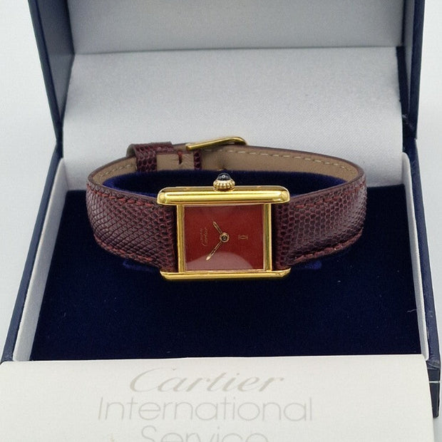 Cartier Tank Red Dial Ladies Watch, 18ct Gold on Silver