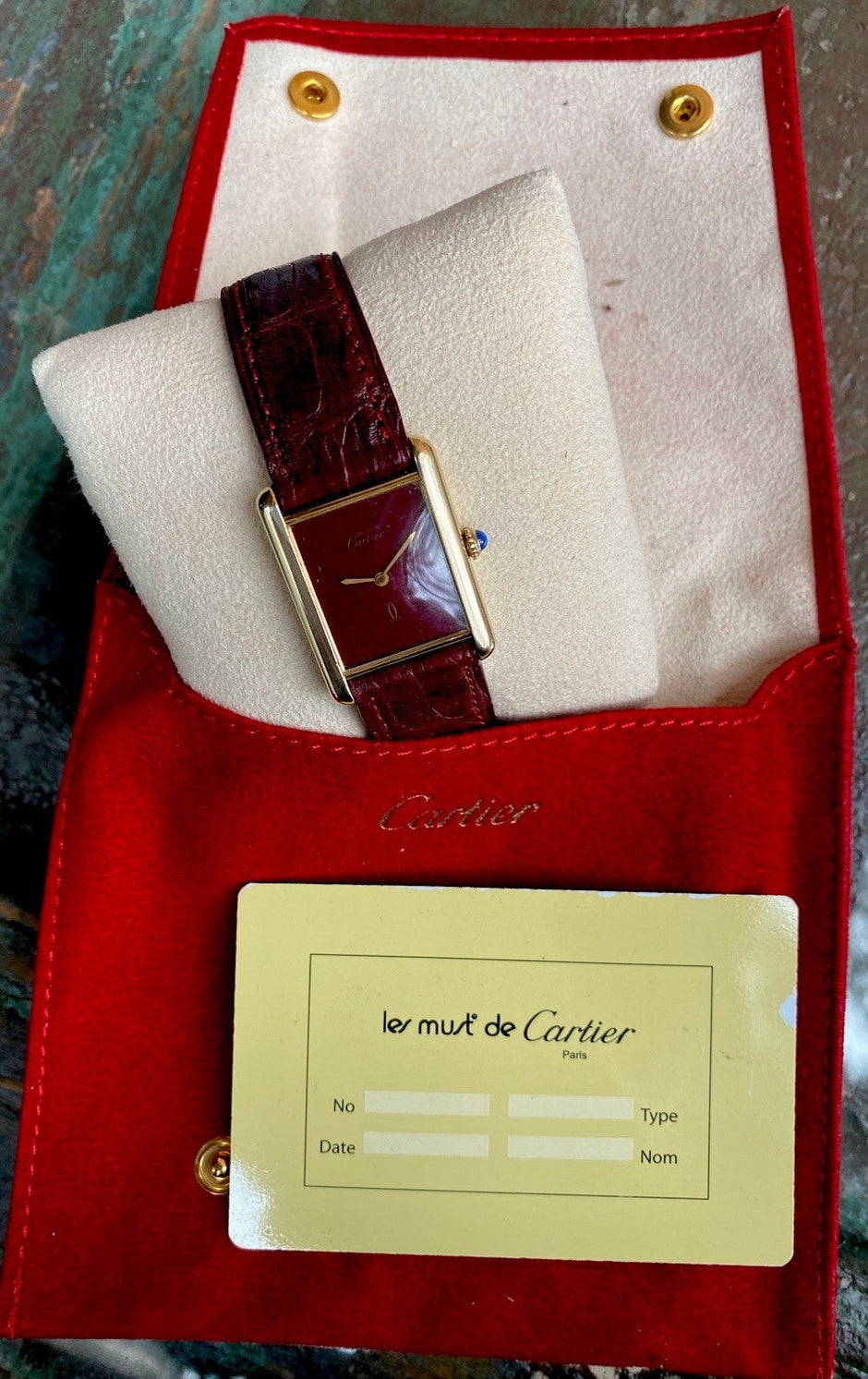 Cartier Tank LM Manual Wind Watch, Burgundy Dial | Watchlunex