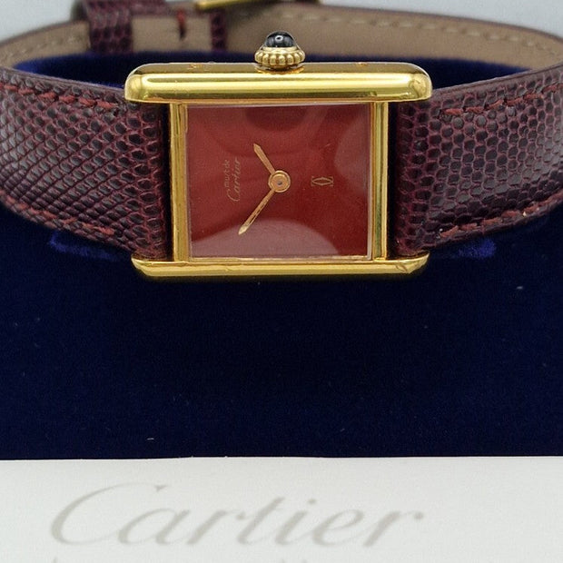 Cartier Tank Red Dial Ladies Watch, 18ct Gold on Silver